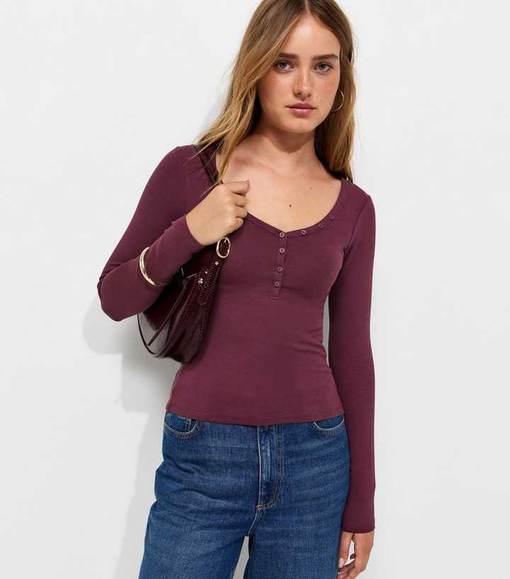 Dark Burgundy Cotton Rich Long Sleeve Henley Top