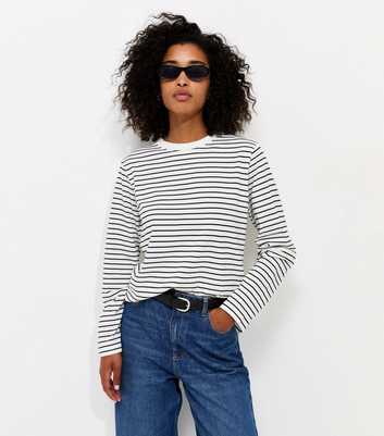 White Cotton Striped Boxy Long Sleeve T-Shirt