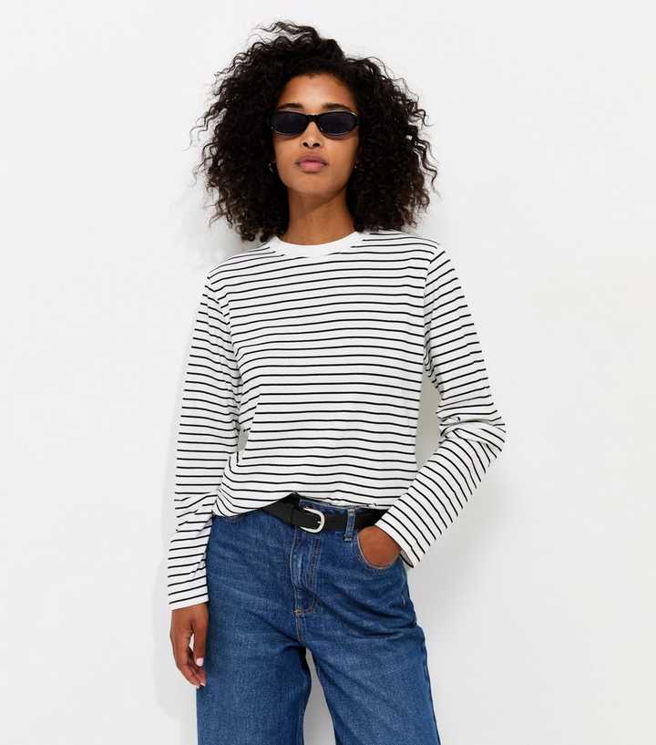 White Cotton Striped Boxy Long Sleeve T-Shirt