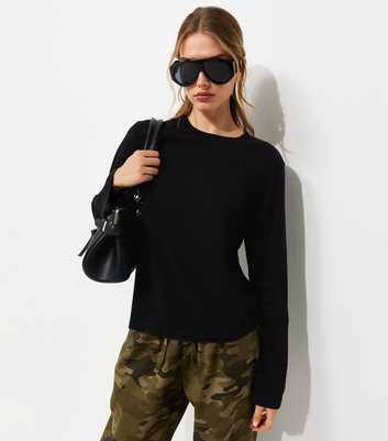 Black Cotton Relaxed Crew Neck Long Sleeve Top