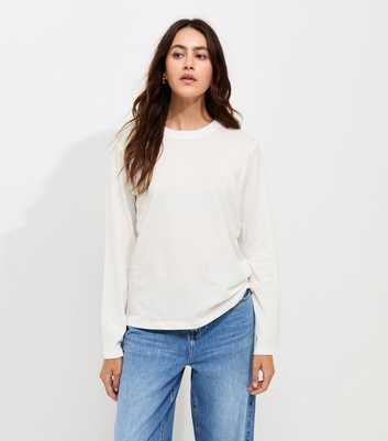 Cream Cotton Relaxed Crew Neck Long Sleeve Top