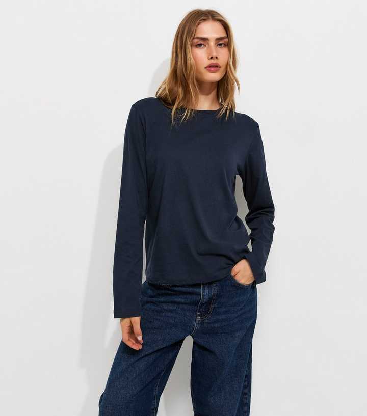 Navy Cotton Relaxed Crew Neck Long Sleeve Top