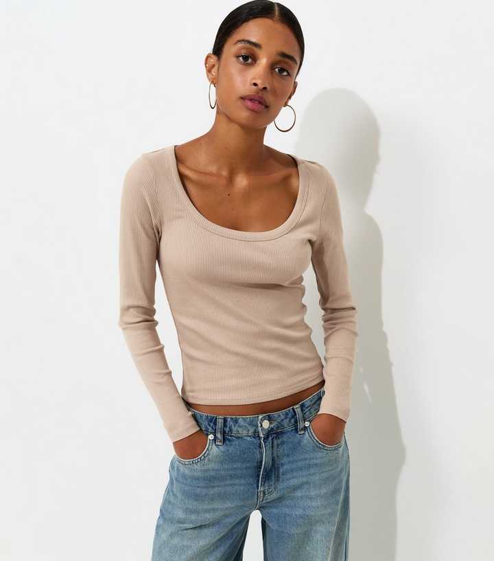 Mink Cotton Rich Long Sleeve Ribbed Scoop Neck Top