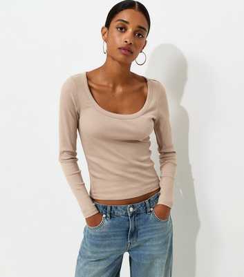 Mink Cotton Rich Long Sleeve Ribbed Scoop Neck Top