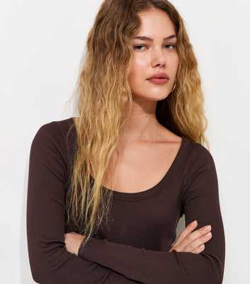 Dark Brown Cotton Rich Long Sleeve Ribbed Scoop Neck Top