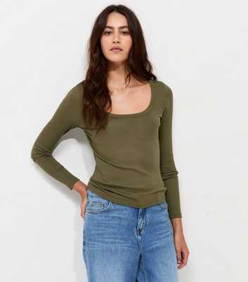 Dark Khaki Cotton Rich Long Sleeve Ribbed Scoop Neck Top
