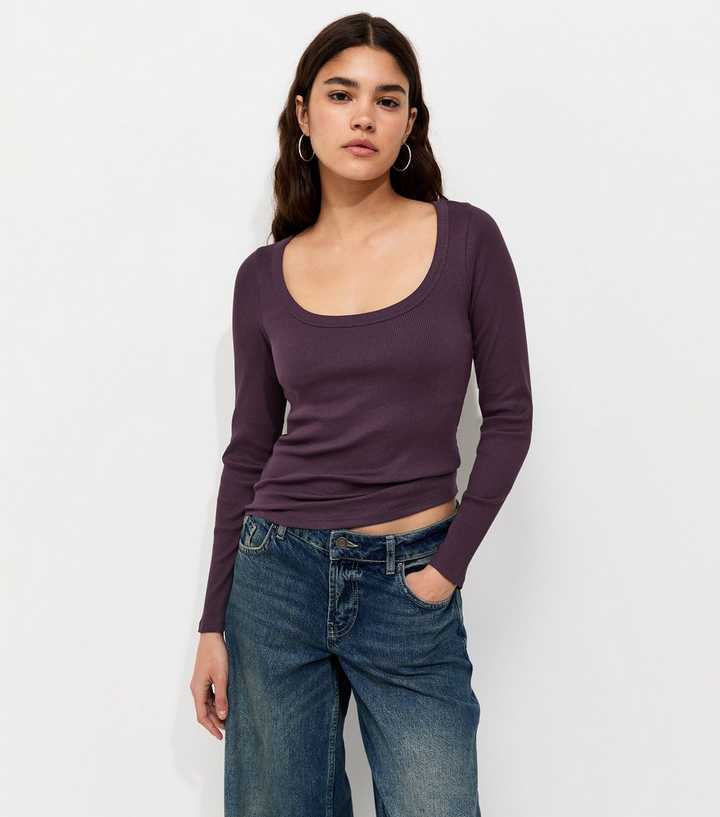 Dark Purple Cotton Rich Long Sleeve Ribbed Scoop Neck Top