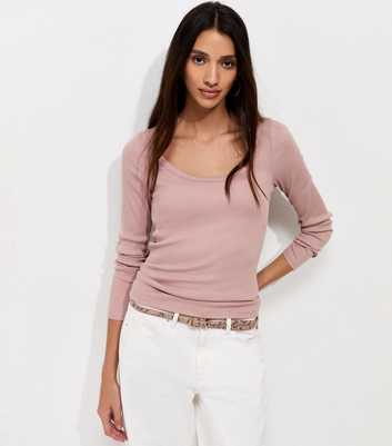 Pink Cotton Rich Long Sleeve Ribbed Scoop Neck Top