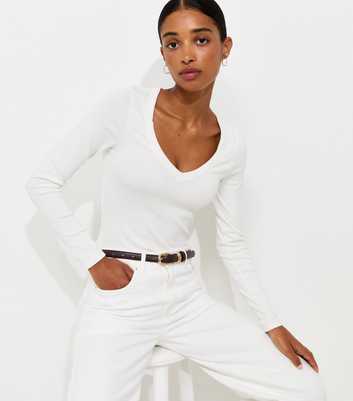 Cream Cotton Rich V-Neck Long Sleeve Top