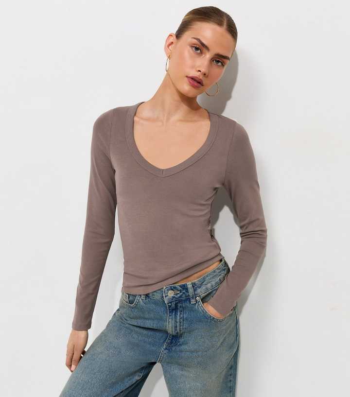 Light Brown Cotton Rich V-Neck Long Sleeve Top