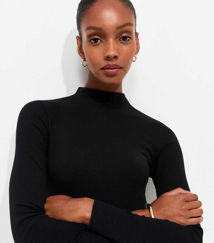 Black Cotton Rich Ribbed Stand Neck Long Sleeve Top