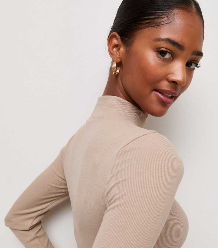 Mink Cotton Rich Ribbed Stand Neck Long Sleeve Top