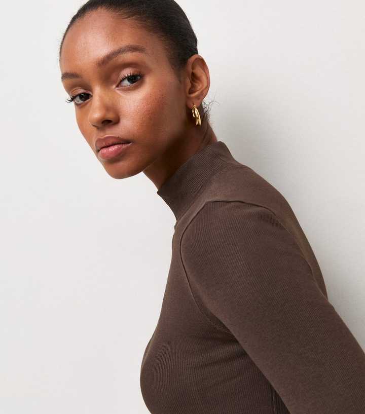 Dark Brown Cotton Rich Ribbed Stand Neck Long Sleeve Top