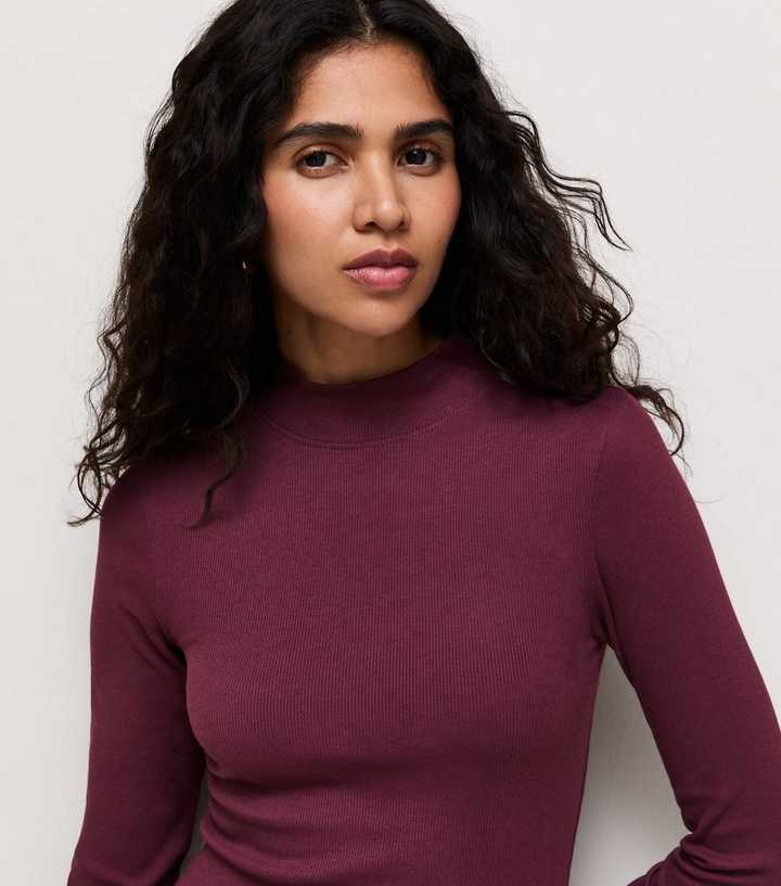 Dark Purple Cotton Rich Ribbed Stand Neck Long Sleeve Top