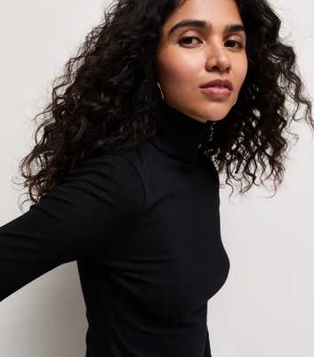 Black Cotton Rich Ribbed Roll Neck Top