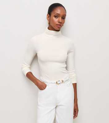 Cream Cotton Rich Ribbed Roll Neck Top