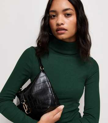 Dark Green Cotton Rich Ribbed Roll Neck Top