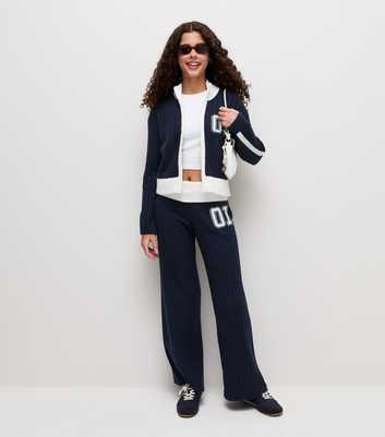 Girls Navy Ribbed Contrast Waistband Wide Leg Trousers