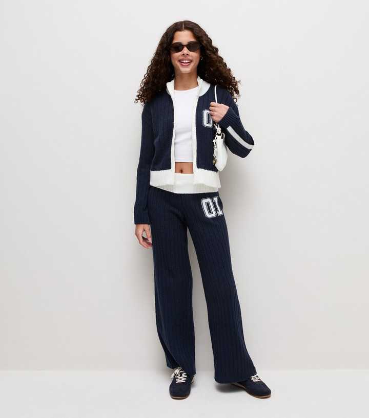 Girls Navy Ribbed Contrast Waistband Wide Leg Trousers