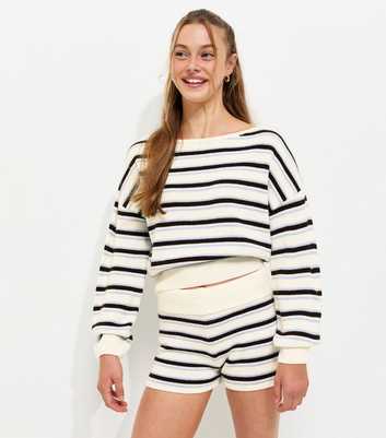 Girls White Knitted Striped Shorts