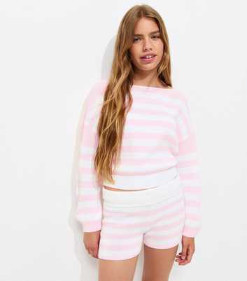 Girls Pink Knitted Striped Shorts