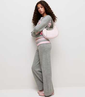 Grey Knit Striped Waistband Wide Leg Trousers