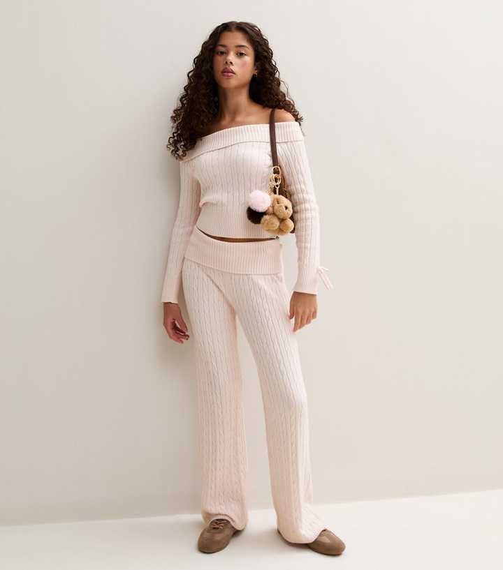 Girls Light Pink Cable Knit Wide Leg Trousers