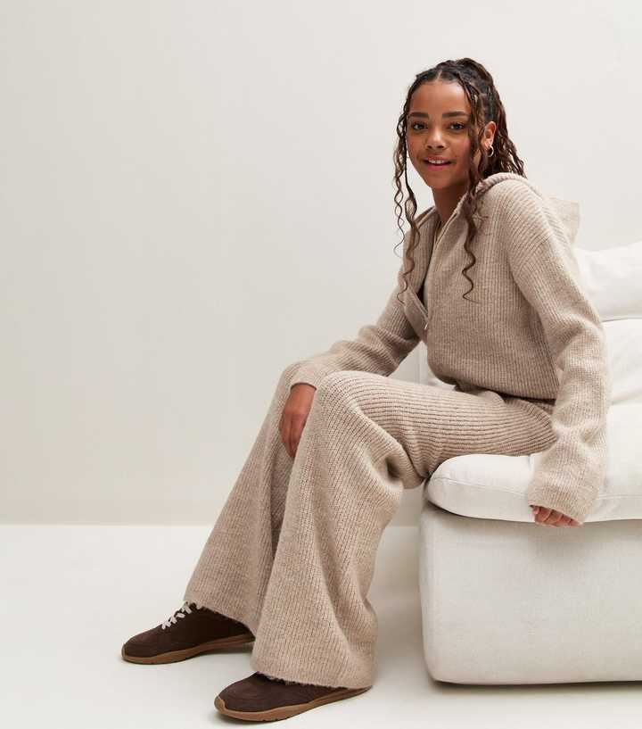 Girls Stone Ribbed Wide Leg Trousers