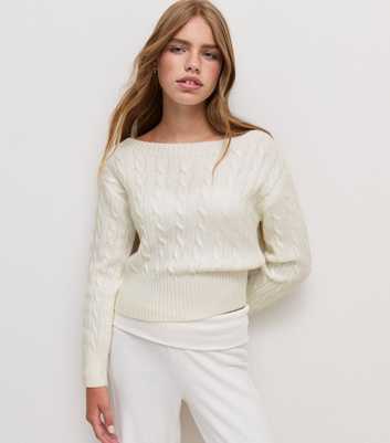 Girls Off White Cable Knit Cinched Waist Jumper