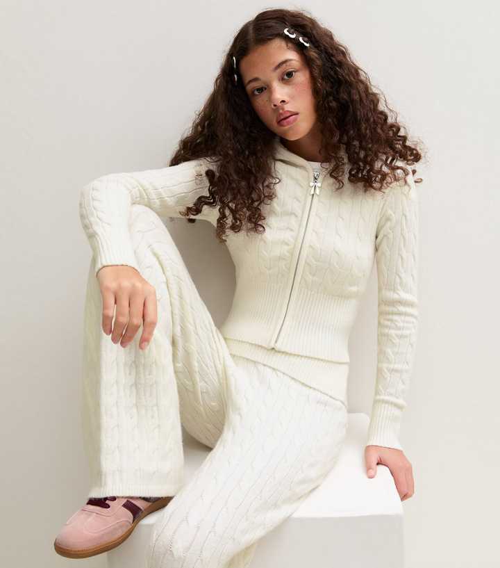 Girls Cream Cable Knit Zip Front Hoodie
