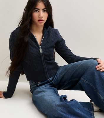 Girls Navy Cable Knit Zip Front Hoodie