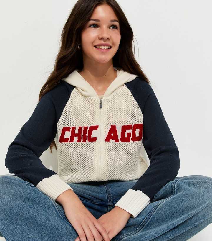 Girls Navy Chicago Open Knit Zip Through Hoodie