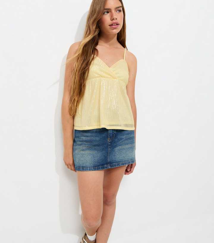 Girls Light Yellow Sequin Mesh Babydoll Cami Top
