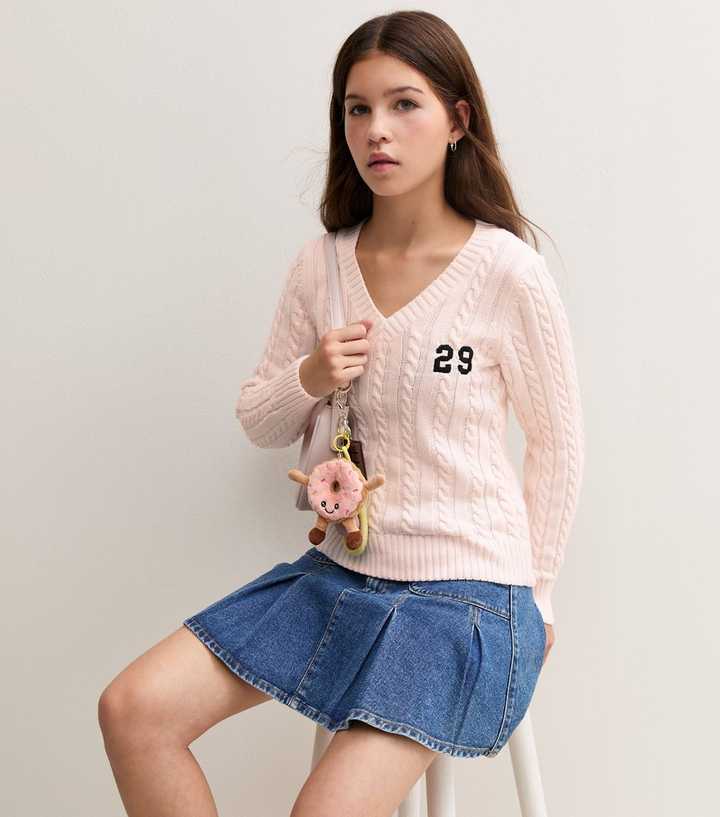 Girls Light Pink Cable Knit V-Neck Long Sleeve Jumper