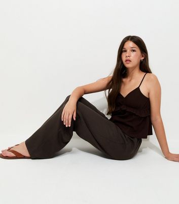 Girls Dark Brown Drawstring Waist Wide Leg Trousers