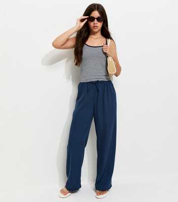Girls Navy Drawstring Waist Wide Leg Trousers