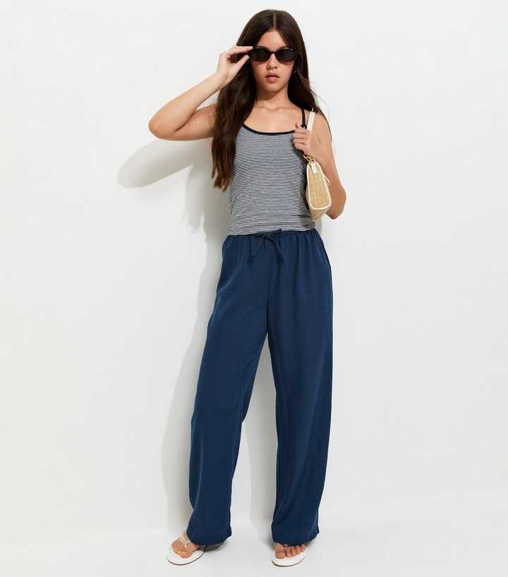 Girls Navy Drawstring Waist Wide Leg Trousers
