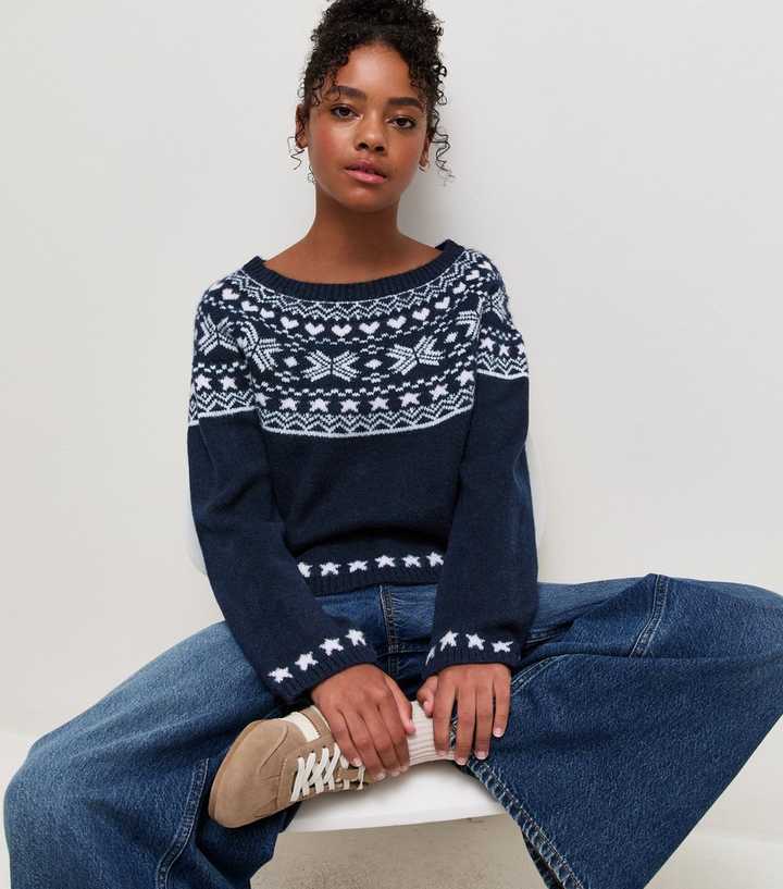 Girls Navy Fair Isle Slash Neck Jumper
