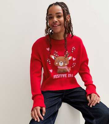 Girls Bright Red Festive Era Reindeer Knitted Jumper