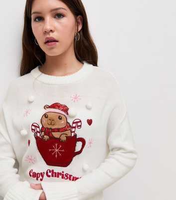 Girls Cream Capy Christmas Embroidered Jumper