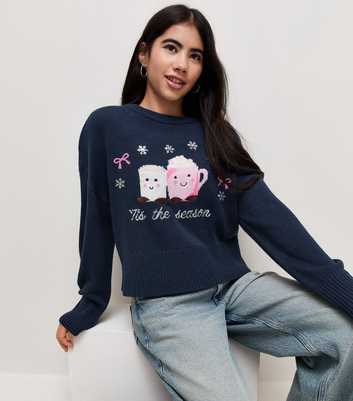 Girls Navy Knitted Hot Chocolate Print Jumper