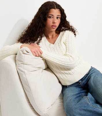 Girls Off White Cable Knit V-Neck Jumper