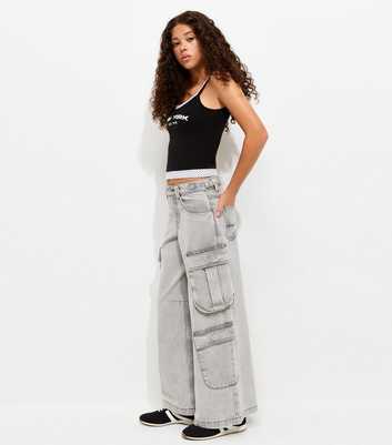 Girls Dark Grey Wide Leg Cargo Jeans