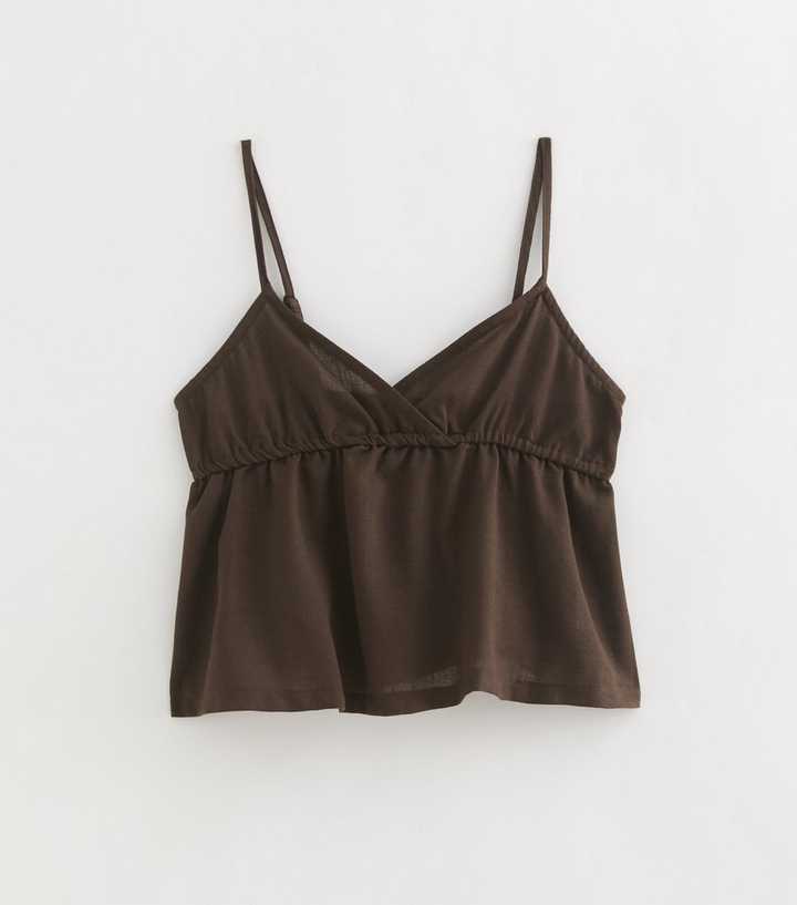 Girls Dark Brown Linen Look Triangle Cami Top
