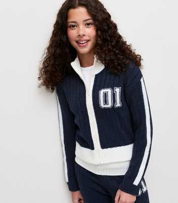 Girls Navy Ribbed Contrast Zip Through Funnel Neck Cardigan
