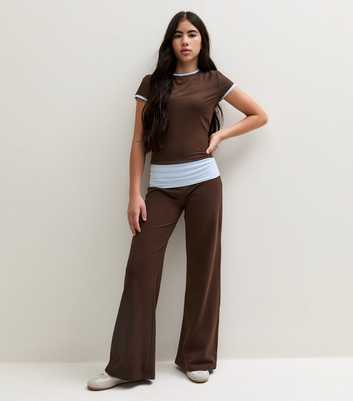 Girls Dark Brown Cotton Rich Contrast Fold Over Waistband Leggings