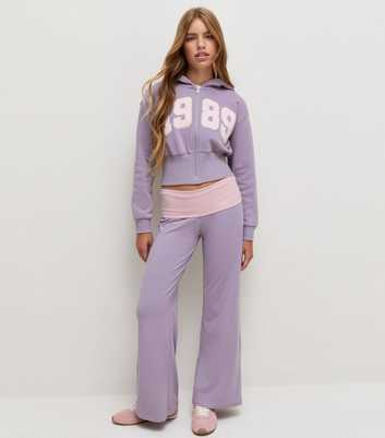 Girls Light Purple Cotton Rich Contrast Fold Over Waistband Leggings