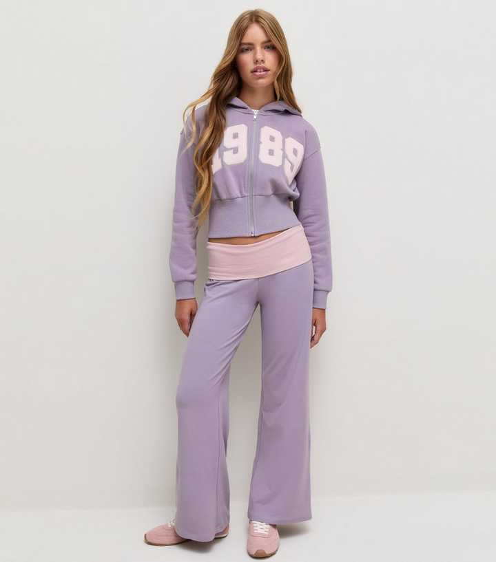 Girls Light Purple Cotton Rich Contrast Fold Over Waistband Leggings