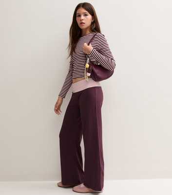 Girls Burgundy Cotton Rich Contrast Fold Over Waistband Leggings