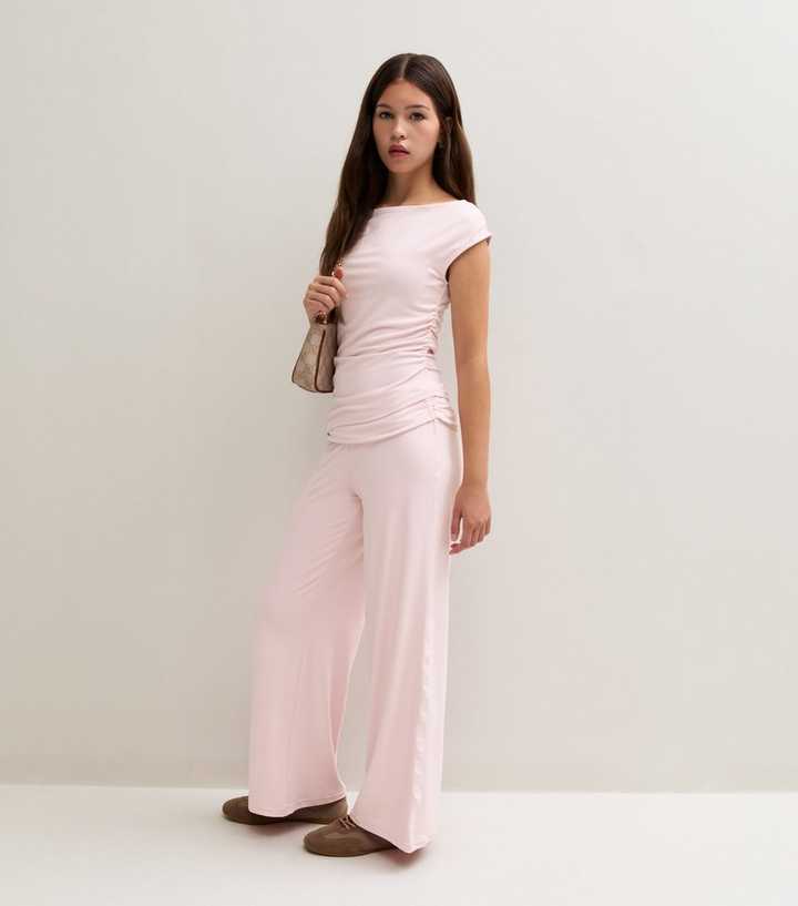 Girls Light Pink Jersey Wide Leg Trousers